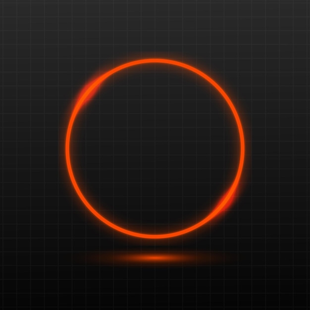 Círculo de neón naranja con brillo suave y sombra en fondo de cuadrícula oscura