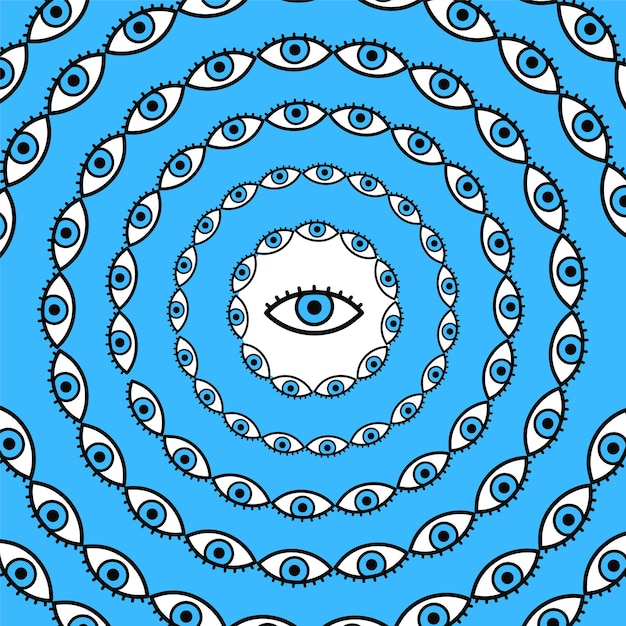 Círculo de ojos psicodélicos. Vector mano dibujada línea doodle dibujos animados ilustración logo. Psicodélico, tercer ojo, estampado trippy para camiseta, cartel, concepto de tarjeta