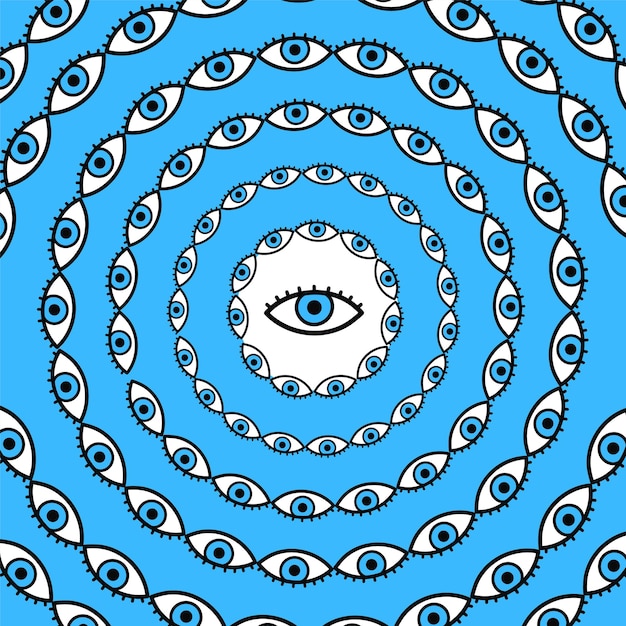 Círculo de ojos psicodélicos. vector mano dibujada línea doodle dibujos animados ilustración logo. psicodélico, tercer ojo, estampado trippy para camiseta, cartel, concepto de tarjeta