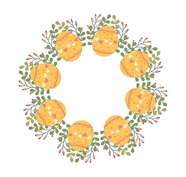Círculo de Pascua Corona con flores y huevos dibujada a mano con espacio de copia Marco de follaje para saludos e información con espacio vacío para texto Feliz primavera ilustración minimalista en estilo doodle
