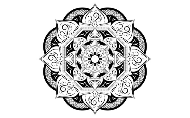 Círculo patrón pétalo flor de mandala con blanco y negroVector floral mandala patrones de relajación diseño único con fondo blancoPatrón dibujado a manoconcepto meditación y relajación