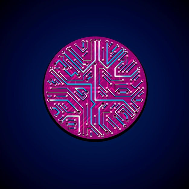 Círculo de placa de circuito brillante vectorial, abstracción de tecnologías digitales. esquema de microprocesador de computadora con brillo azul y magenta, diseño futurista de neón.