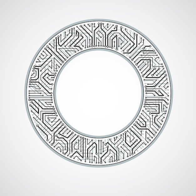 Círculo de placa de circuito vectorial, abstracción de tecnologías digitales. Esquema de microprocesador de computadora en blanco y negro, diseño futurista.