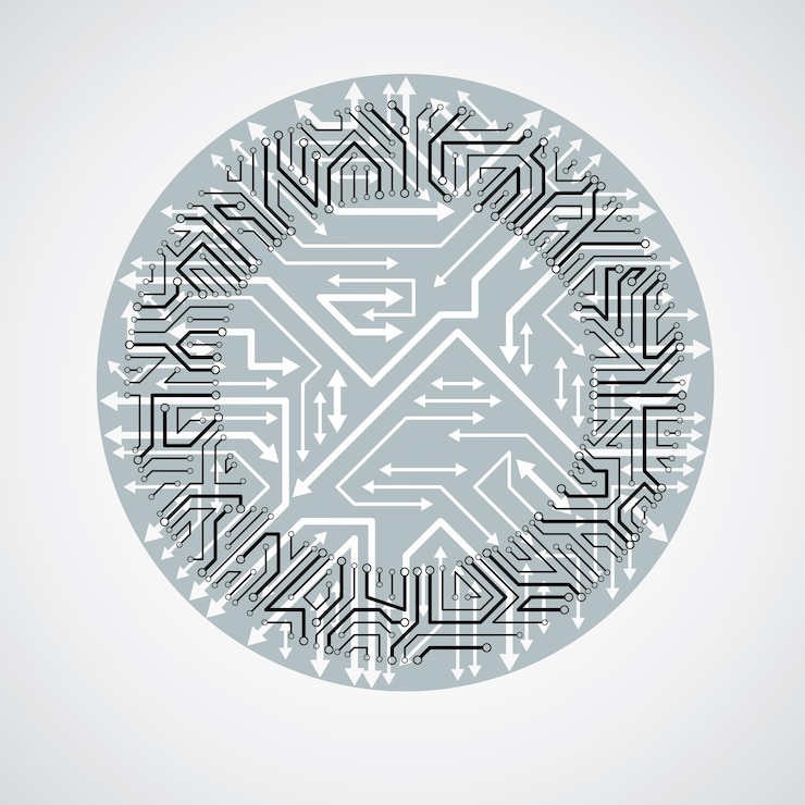 Vector círculo de placa de circuito vectorial, abstracción de tecnologías digitales. esquema de microprocesador de computadora en blanco y negro con flechas, diseño futurista.