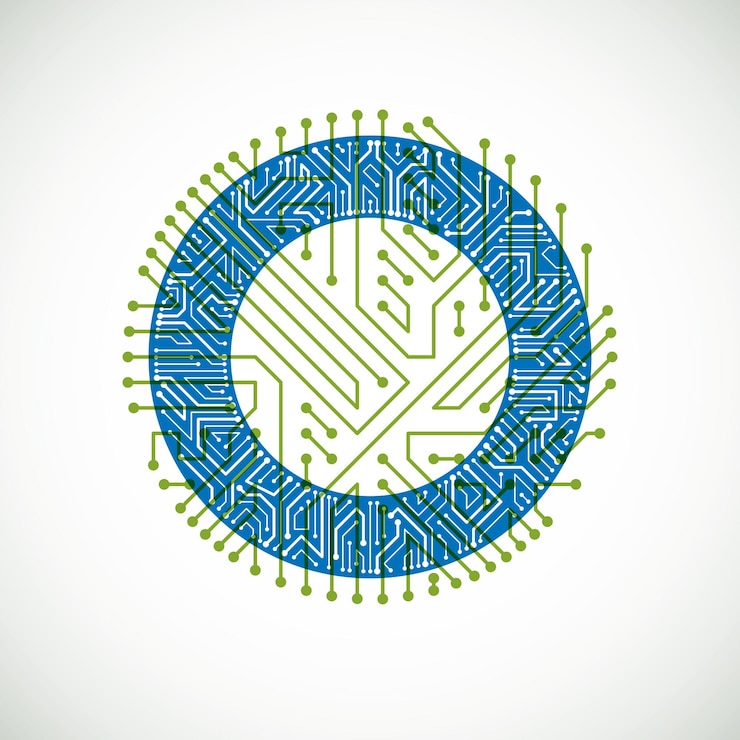 Vector círculo de placa de circuito vectorial, abstracción de tecnologías digitales. esquema de microprocesador de computadora verde y azul, diseño futurista.