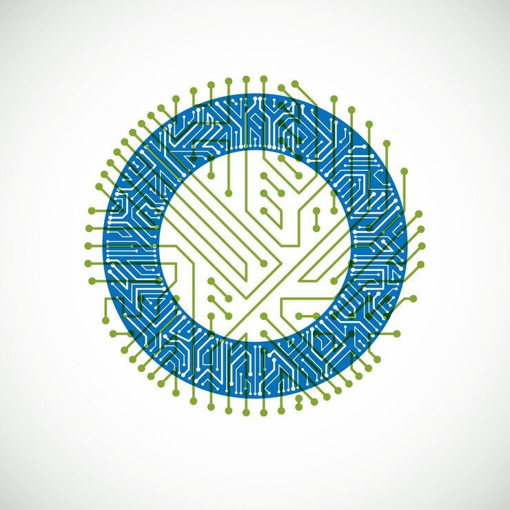Vector círculo de placa de circuito vectorial, abstracción de tecnologías digitales. esquema de microprocesador de computadora verde y azul, diseño futurista.