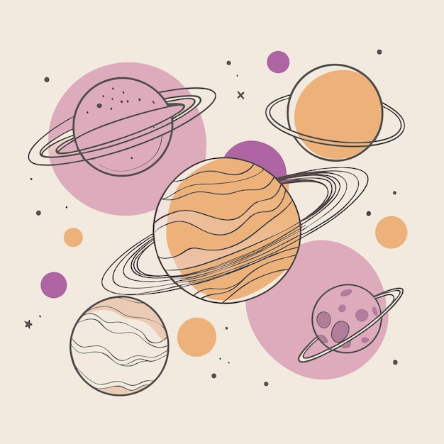 un círculo de planetas con diferentes colores y un fondo espacial