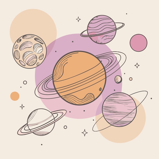 un círculo de planetas con una nave espacial en el centro