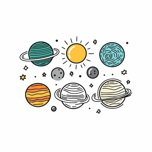 un círculo de planetas con sol y estrellas