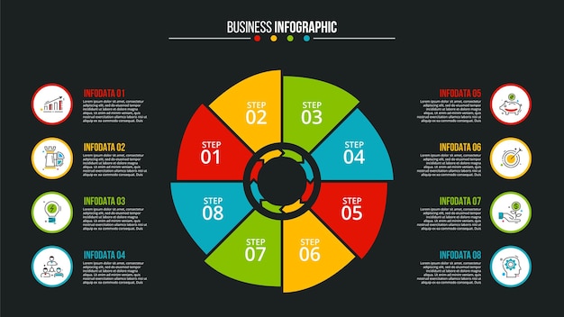 Círculo plano oscuro vectorial con flechas para infografía con 8 opciones, pasos o procesos