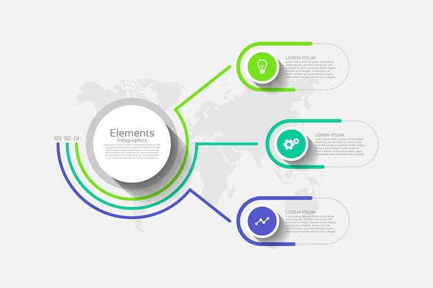 Círculo de plantilla de negocio de infografía de elementos con tres pasos