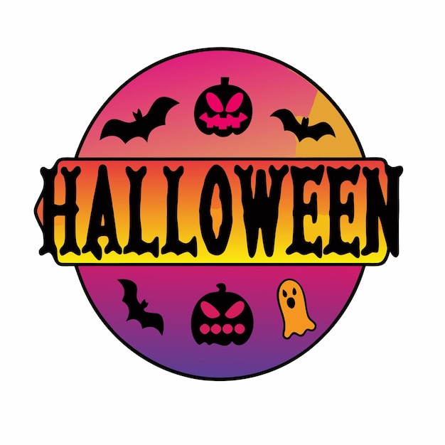 un círculo púrpura con un círculo amarillo y morado con murciélagos y la palabra halloween en él