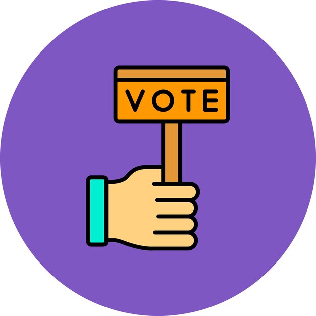 un círculo púrpura con una mano sosteniendo un letrero que dice votar