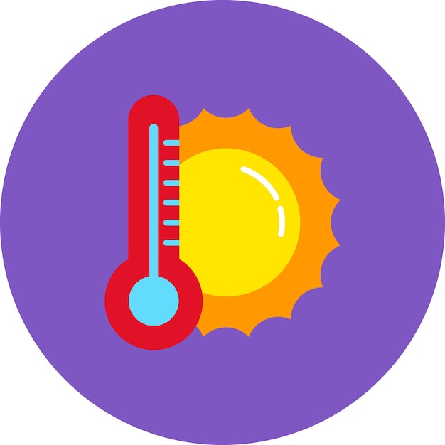 un círculo púrpura con una temperatura y un termómetro amarillos y rojos