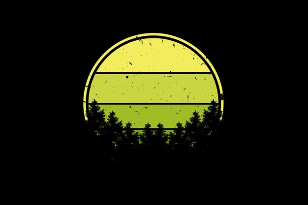Un círculo redondo amarillo y verde con árboles en el fondo.