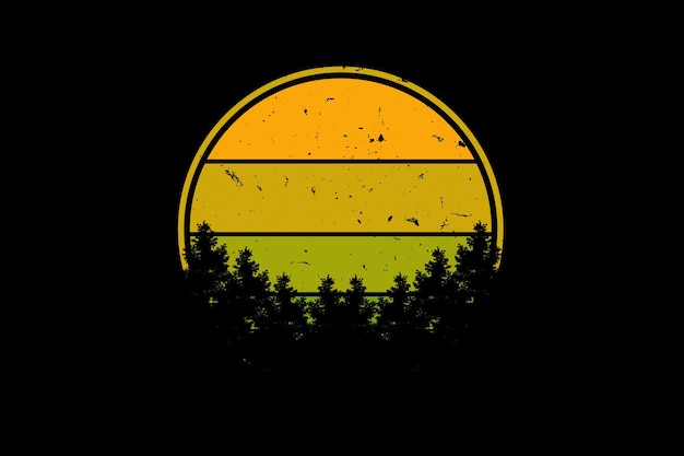 Un círculo redondo amarillo y verde con árboles en la parte inferior.
