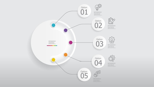 círculo redondo pasos línea de tiempo elemento infográfico informe de fondo con icono de línea de negocios 5 pasos