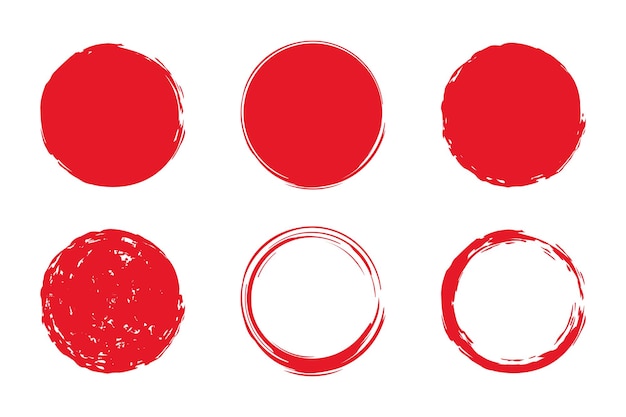Círculo rojo japonés pintado con pincel sol chino con trazo texturizado conjunto de sellos redondos en