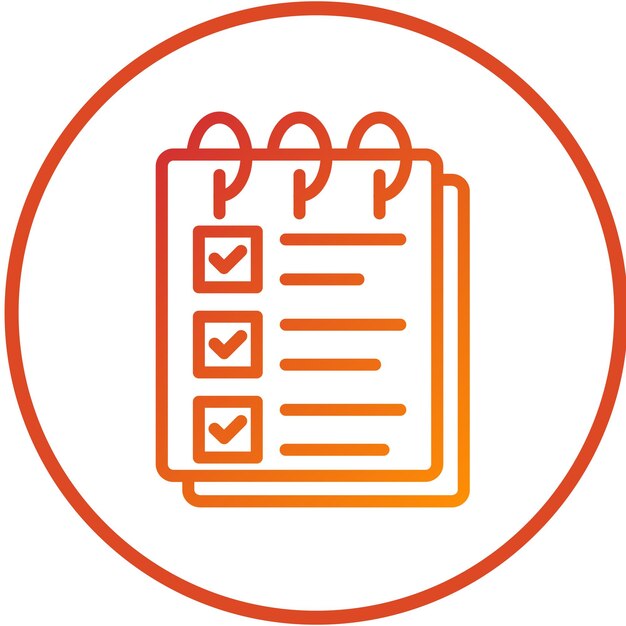 un círculo rojo y naranja con un bloc de papel con una lista de comprobación