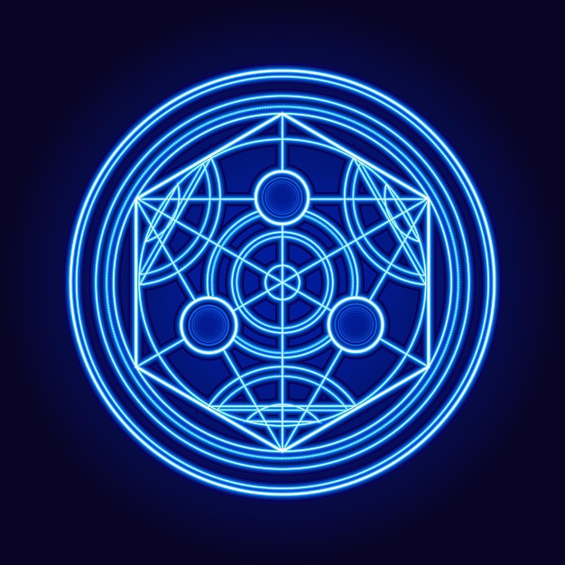 Círculo Sagrado de Neón Azul Portal Cósmico al Reino Espiritual Geometría Sagrada Mística en Azul Neón