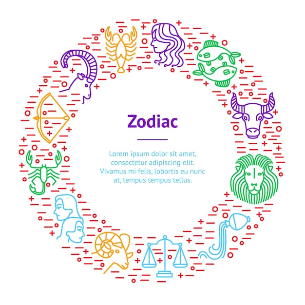 Círculo de tarjeta de banner de línea delgada zodiacal Incluir de Libra Sagitario Tauro Géminis y Capricornio Ilustración vectorial de signos del zodiaco