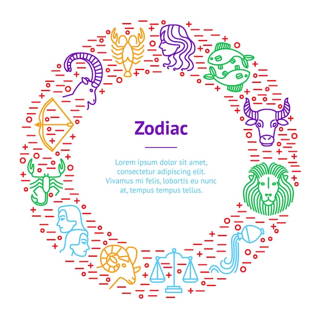 Círculo de tarjeta de banner de línea delgada zodiacal incluir de libra sagitario tauro géminis y capricornio ilustración vectorial de signos del zodiaco