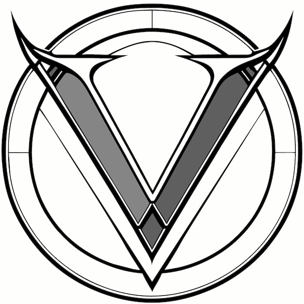 Vector un círculo con una v gigante en su interior lo convierte en un arte de línea de ilustración de vector de logotipo de banda de metal