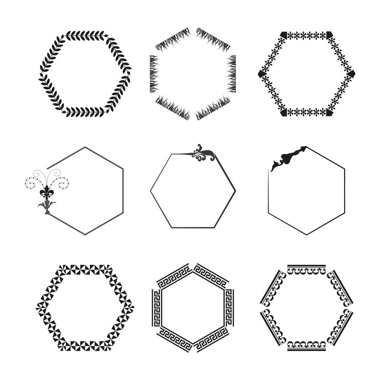 Vector círculo vectorial de corona de laurel cuadro hexagonal de aguja de pino diseño de borde de estallido de estrellas flor de lis