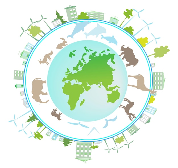 Un círculo verde con un mapa del mundo con animales