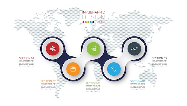 Círculo vinculado con infografías de icono de negocios en el mapa mundial.