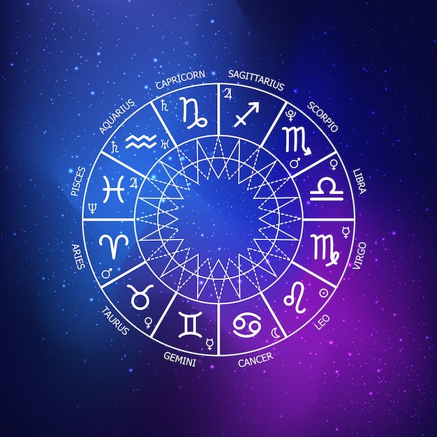 Vector círculo del zodiaco sobre un fondo azul oscuro de la ilustración de vector de astrología espacial