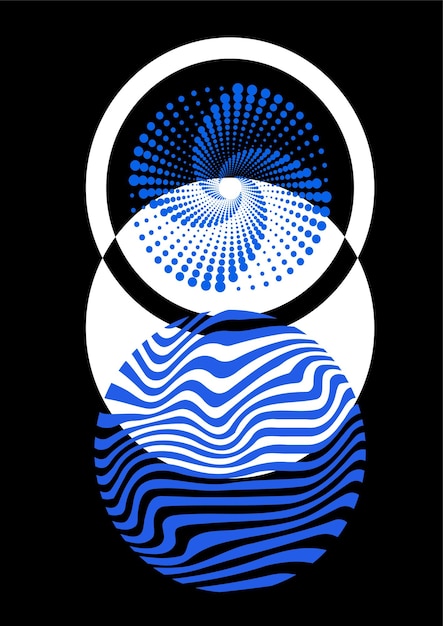 Círculos abstractos establecen formas geométricas azules y blancas con líneas y puntos Fluidos modernos y movimiento Elemento gráfico para sitio web Colección de vectores planos de dibujos animados aislados en fondo negro