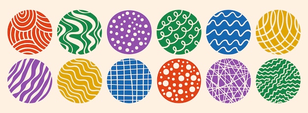 Círculos abstractos fondos o patrones coloridos dibujados a mano dibujos redondos formas manchas gotas curvas