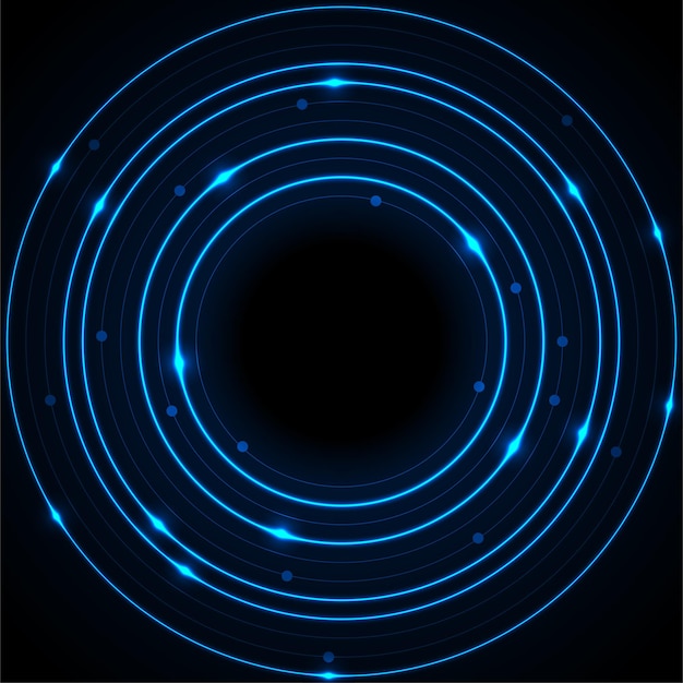 Círculos azules de neón abstractos con fondo de tecnología de líneas de placa de circuito