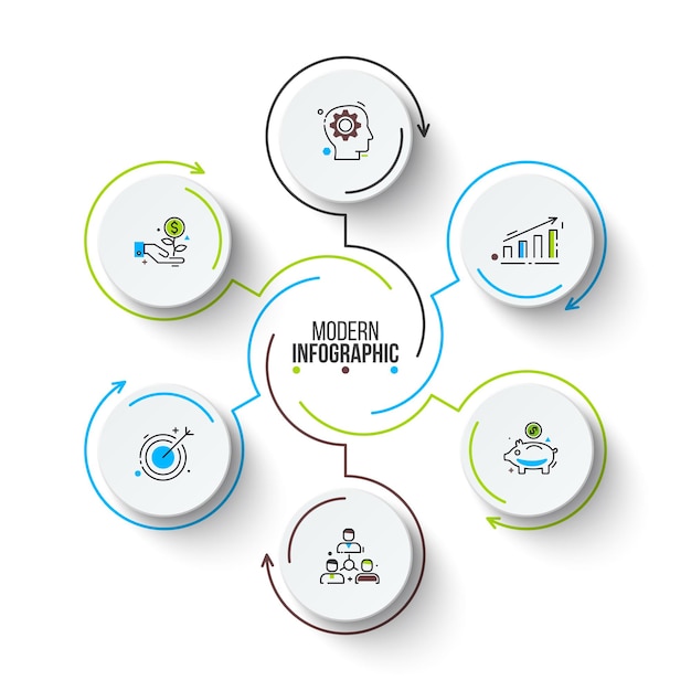 Círculos blancos con trazos de flechas para infografía. plantilla para diagrama de ciclo con 6 opciones.