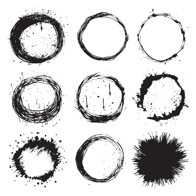 Los círculos de carbón dibujados a mano por vectores establecen elementos de diseño negros aislados sobre un fondo blanco