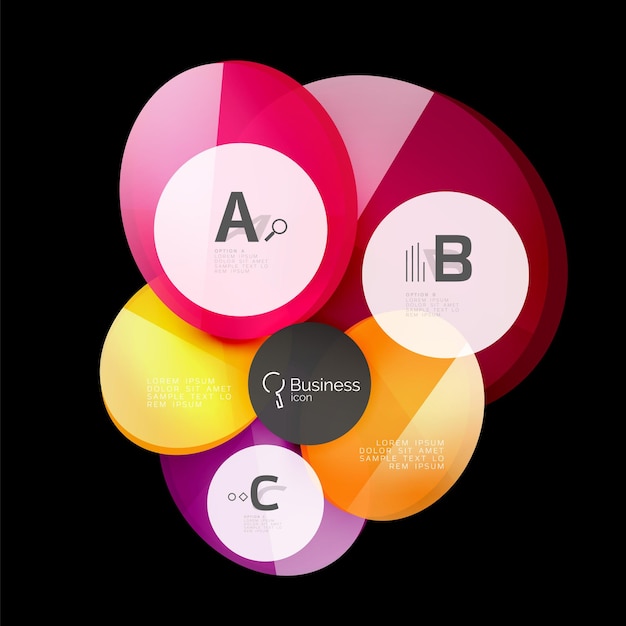 Círculos de color de vidrio elementos infográficos en fondo abstracto negro