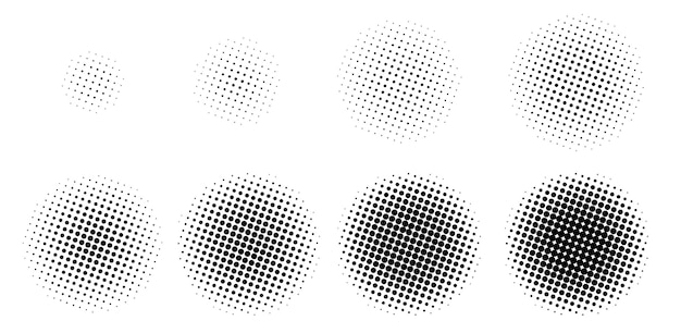 Círculos de crecimiento de medio tono formas redondas punteadas marcos de gradiente circular para el diseño de logotipo negro y blanco puntos radiales de medio tono patrones punteados conjunto de puntos de círculo vectorial