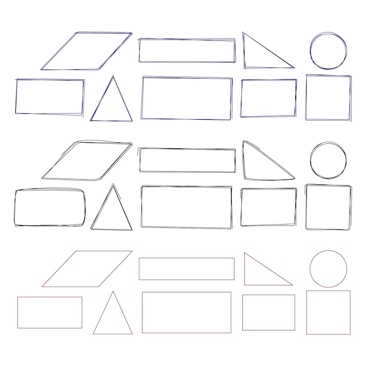 Vector círculos cuadrados conjunto de diferentes tipos de círculo dibujado a mano triángulo y rectángulo conjunto de líneas de garabateo