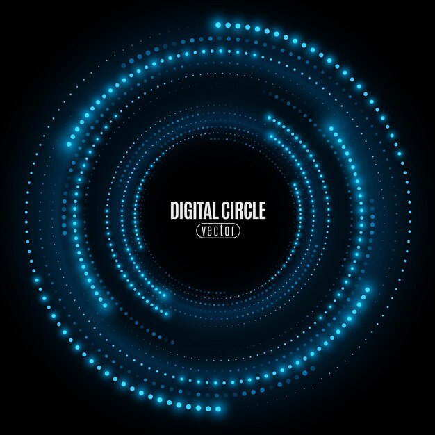 Círculos digitales de puntos brillantes. Visualización de Big Data en el ciberespacio con energía de remolino. Concepto de información de red. Marco futurista moderno. Ilustración vectorial. EPS 10.