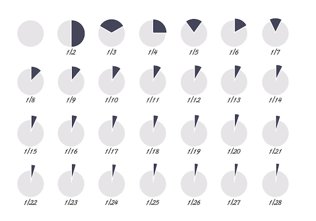 Círculos divididos en partes del 1 al 28 Gráfico redondo para sectores infográficos circulares o diagramas División de ruedas en fracciones sección de forma circular sobre fondo blanco