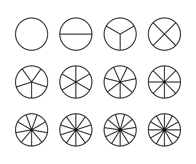 Los círculos divididos en segmentos de 1 a 12 o el conjunto de iconos de corte de segmento y la sección de redondeo vectorial 12