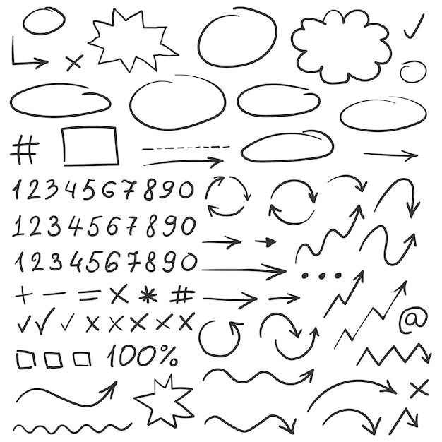 Círculos de flecha e icono de garabato abstracto en estilo dibujado a mano Número ilustración vectorial en fondo aislado Letras flechas firman concepto de negocio