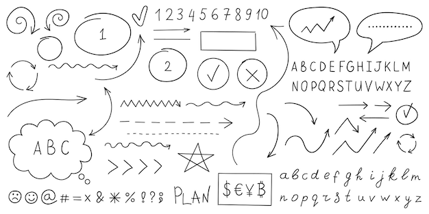 Círculos de flecha e icono de garabato abstracto en estilo dibujado a mano Número ilustración vectorial en fondo aislado Letras flechas firman concepto de negocio