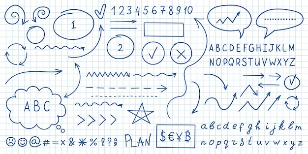 Círculos de flecha e icono de garabato abstracto en estilo dibujado a mano Número ilustración vectorial en fondo aislado Letras flechas firman concepto de negocio