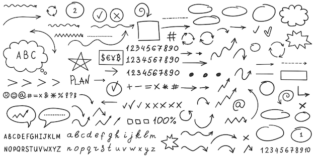 Círculos de flecha e icono de garabato abstracto en estilo dibujado a mano Número ilustración vectorial en fondo aislado Letras flechas firman concepto de negocio