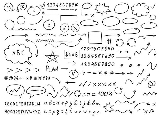 Círculos de flecha e icono de garabato abstracto en estilo dibujado a mano Número ilustración vectorial en fondo aislado Letras flechas firman concepto de negocio
