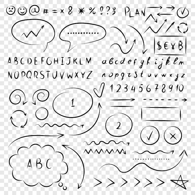 Círculos de flecha e icono de garabato abstracto en estilo dibujado a mano Número ilustración vectorial en fondo aislado Letras flechas firman concepto de negocio