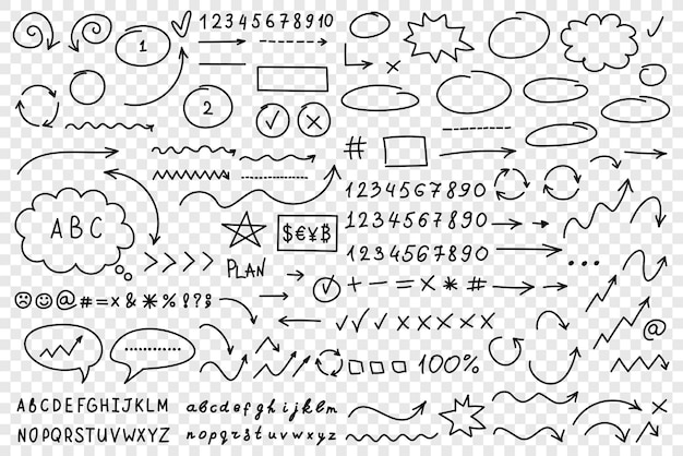 Círculos de flechas y icono de garabateo abstracto en estilo dibujado a mano Ilustración vectorial de números en fondo aislado Letras flechas signo concepto de negocio