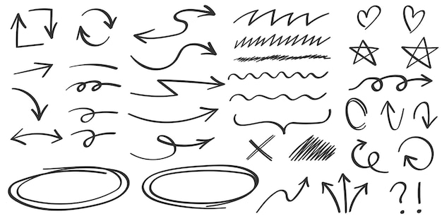Círculos de flechas y icono de garabato abstracto en estilo dibujado a mano Ilustración de vector pintado a mano sobre fondo aislado Elementos de garabato firman concepto de negocio